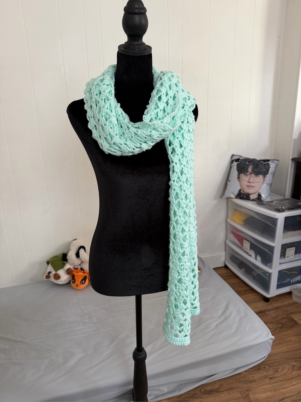 Lightweight Mint Green Crochet Wrap Scarf for Women